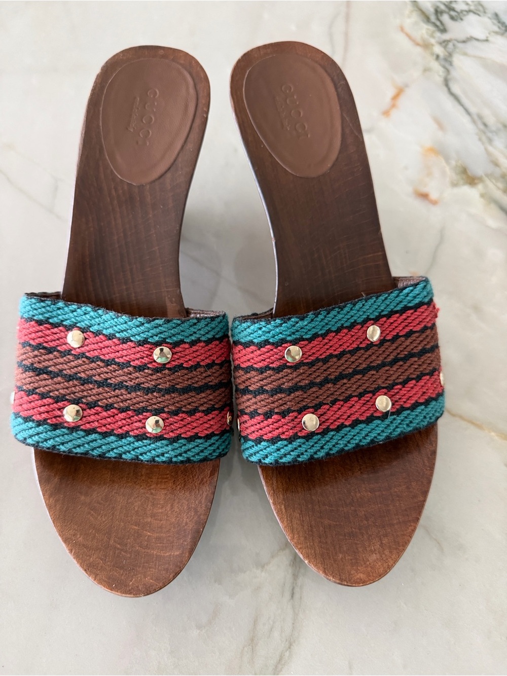 ✨Vintage Gucci Alert! Tom Ford Era Multicolor Studded Wooden Wedge Mules 🪵🎨